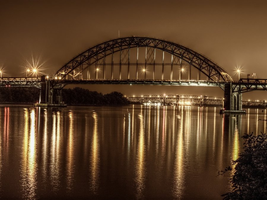 A river crossing lit at dusk