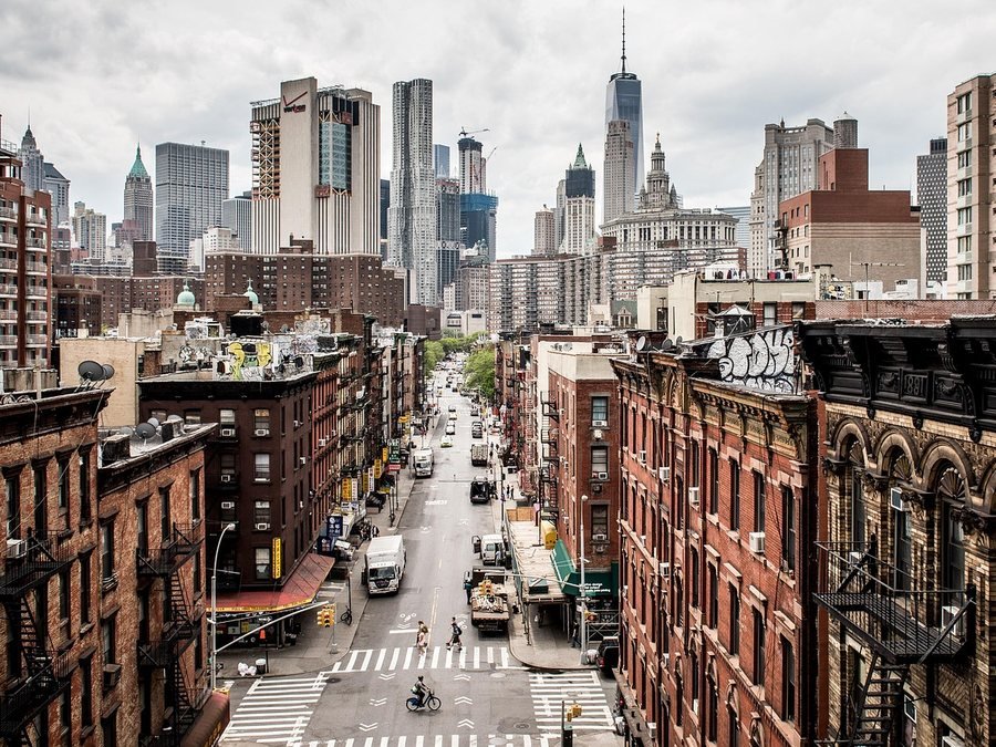 A Manhattan street between office towers