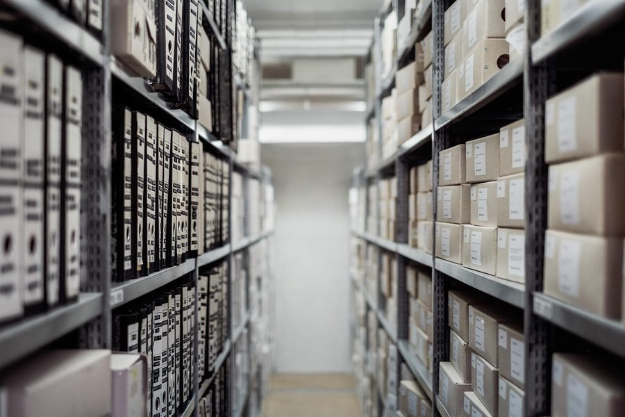 Archive boxes stacked on a shelf